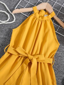 Young Girl Fashionable Halter Neck Sleeveless Princess Style Romper For Summer - Yellow - View 5