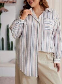 SHEIN LUNE Áo sơ mi Plus Size Túi Nút phía trước Sọc Giải trí - Nhiều màu - Xem 3