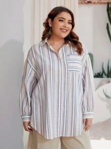 SHEIN LUNE Áo sơ mi Plus Size Túi Nút phía trước Sọc Giải trí - Nhiều màu - Xem 4