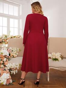 SHEIN Frenchy Plus Ruffle Trim A-Line Dress Without Belt - Burgundy - View 2