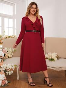 SHEIN Frenchy Plus Ruffle Trim A-Line Dress Without Belt - Burgundy - View 3