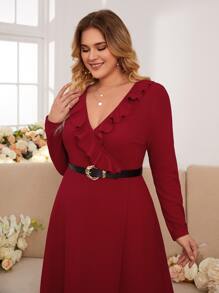 SHEIN Frenchy Plus Ruffle Trim A-Line Dress Without Belt - Burgundy - View 4