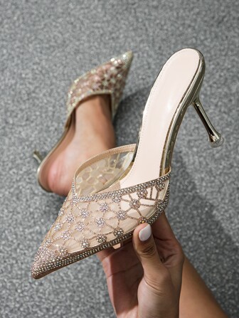 Fall/Winter Women's High Heels Pointed Toe Rhinestone Decorated Formal Party Wedding Shoes,Elegant,Mule