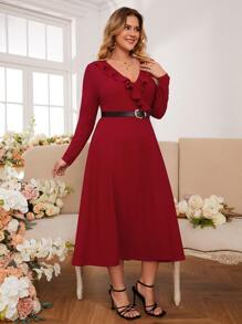 SHEIN Frenchy Plus Ruffle Trim A-Line Dress Without Belt - Burgundy - View 5