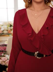 SHEIN Frenchy Plus Ruffle Trim A-Line Dress Without Belt - Burgundy - View 6