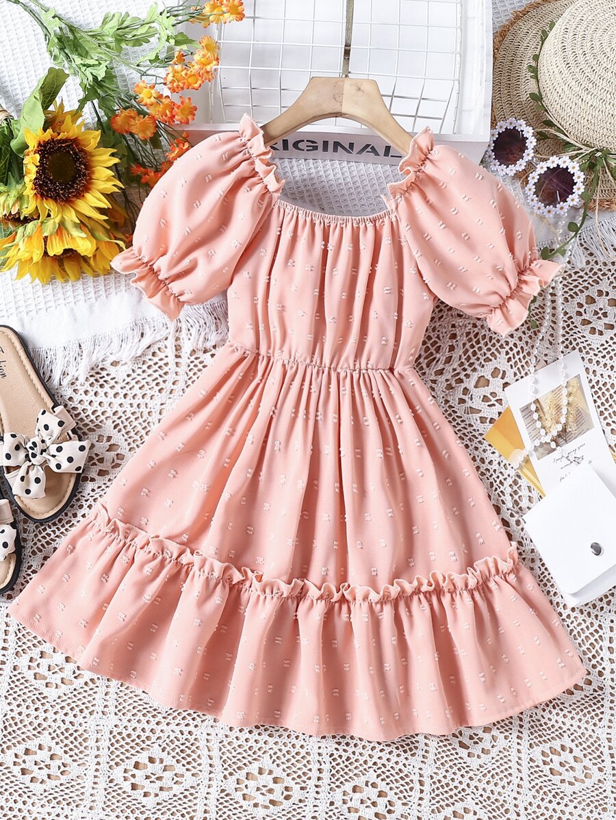 Toddler Girls Swiss Dot Puff Sleeve Ruffle Hem Dress - Pink - View 1