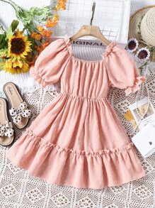 Toddler Girls Swiss Dot Puff Sleeve Ruffle Hem Dress - Pink - View 2