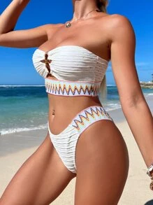 人字紋背心式夏日沙灘比基尼套裝 - 白色 - 查看 3