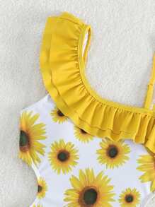 Chicas Bañador una pieza con estampado de girasol ribete con fruncido con abertura - Multicolor - Ver 3