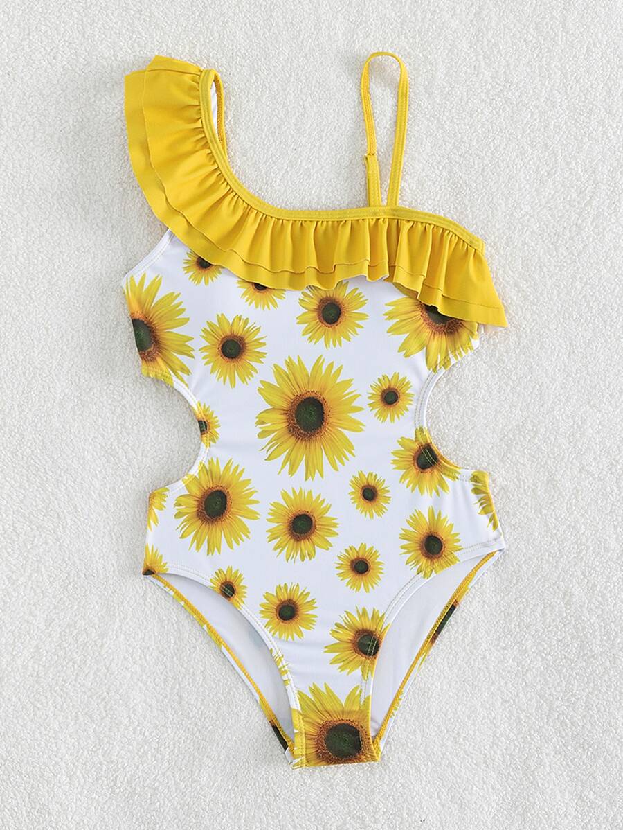Chicas Bañador una pieza con estampado de girasol ribete con fruncido con abertura - Multicolor - Ver 1