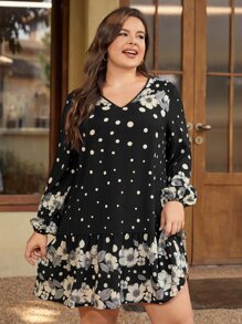 EMERY ROSE Đầm Plus Size Viên lá sen Hoa Chấm bi Boho - màu đen - Xem 1