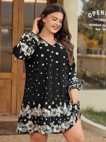 EMERY ROSE Đầm Plus Size Viên lá sen Hoa Chấm bi Boho - màu đen - Xem 3