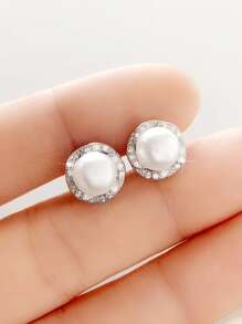Pendientes de tachuela zirconia cúbica & con diseño de perla artificial - Plateado - Ver 1
