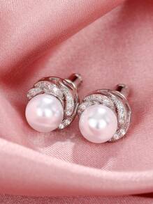 Pendientes de tachuela zirconia cúbica & con diseño de perla artificial - Plateado - Ver 2