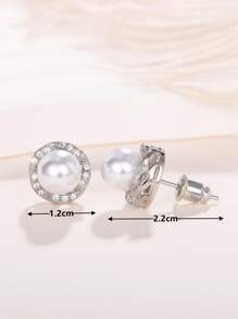 Pendientes de tachuela zirconia cúbica & con diseño de perla artificial - Plateado - Ver 3