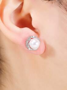 Pendientes de tachuela zirconia cúbica & con diseño de perla artificial - Plateado - Ver 4