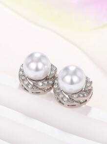 Pendientes de tachuela zirconia cúbica & con diseño de perla artificial - Plateado - Ver 5