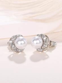 Pendientes de tachuela zirconia cúbica & con diseño de perla artificial - Plateado - Ver 6
