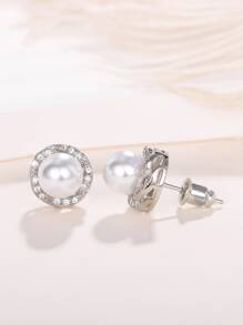 Pendientes de tachuela zirconia cúbica & con diseño de perla artificial - Plateado - Ver 7