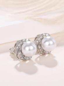 Pendientes de tachuela zirconia cúbica & con diseño de perla artificial - Plateado - Ver 8
