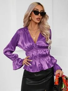 SHEIN BAE Button Front Ruched Detail Peplum Top - Purple - View 1