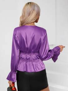 SHEIN BAE Button Front Ruched Detail Peplum Top - Purple - View 2