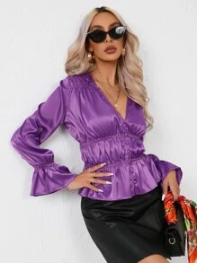 SHEIN BAE Button Front Ruched Detail Peplum Top - Purple - View 3