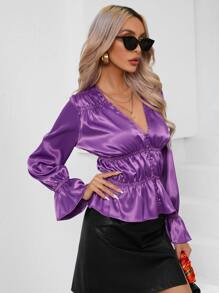SHEIN BAE Button Front Ruched Detail Peplum Top - Purple - View 5