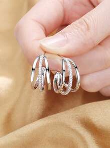 Cubic Zirconia Decor Cuff Hoop Earrings - Silver - View 3