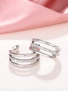 Cubic Zirconia Decor Cuff Hoop Earrings - Silver - View 5
