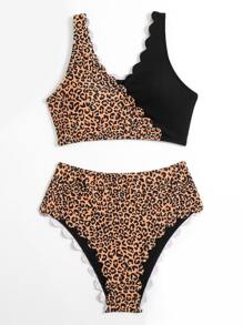 Spliced Leopard Bikini Set Scallop Trim Tank Bra & High Waisted Bottom 2 Piece Bathing Suit, For Summer Beach Vacation - Multicolor - View 2
