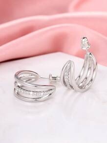 Cubic Zirconia Decor Cuff Hoop Earrings - Silver - View 7