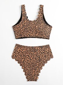 Spliced Leopard Bikini Set Scallop Trim Tank Bra & High Waisted Bottom 2 Piece Bathing Suit, For Summer Beach Vacation - Multicolor - View 4