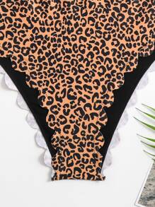 Spliced Leopard Bikini Set Scallop Trim Tank Bra & High Waisted Bottom 2 Piece Bathing Suit, For Summer Beach Vacation - Multicolor - View 5