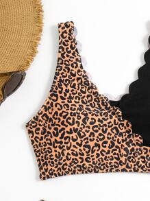 Spliced Leopard Bikini Set Scallop Trim Tank Bra & High Waisted Bottom 2 Piece Bathing Suit, For Summer Beach Vacation - Multicolor - View 6