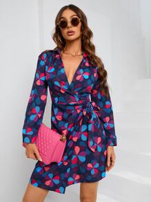 SHEIN LUNE All Over Print Knot Side Wrap Dress - Multicolor - View 1