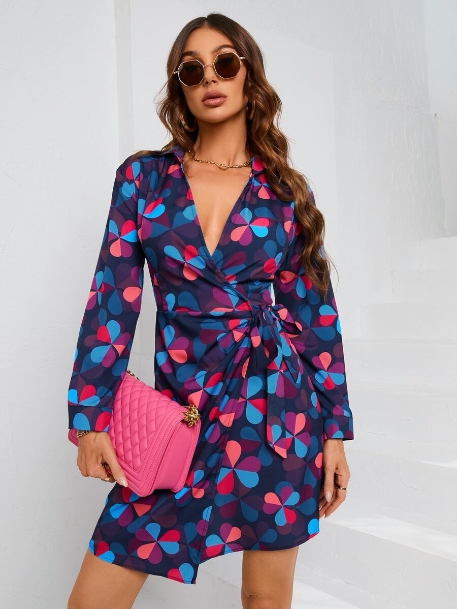 SHEIN LUNE All Over Print Knot Side Wrap Dress - Multicolor - View 1