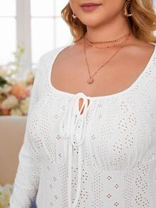 SHEIN Frenchy Plus Eyelet Embroidery Tie Front Tee - White - View 3