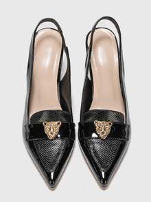 Snakeskin Embossed Metal Decor Point Toe Pyramid Heeled Slingback Pumps - Black - View 3