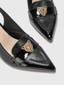 Snakeskin Embossed Metal Decor Point Toe Pyramid Heeled Slingback Pumps - Black - View 5