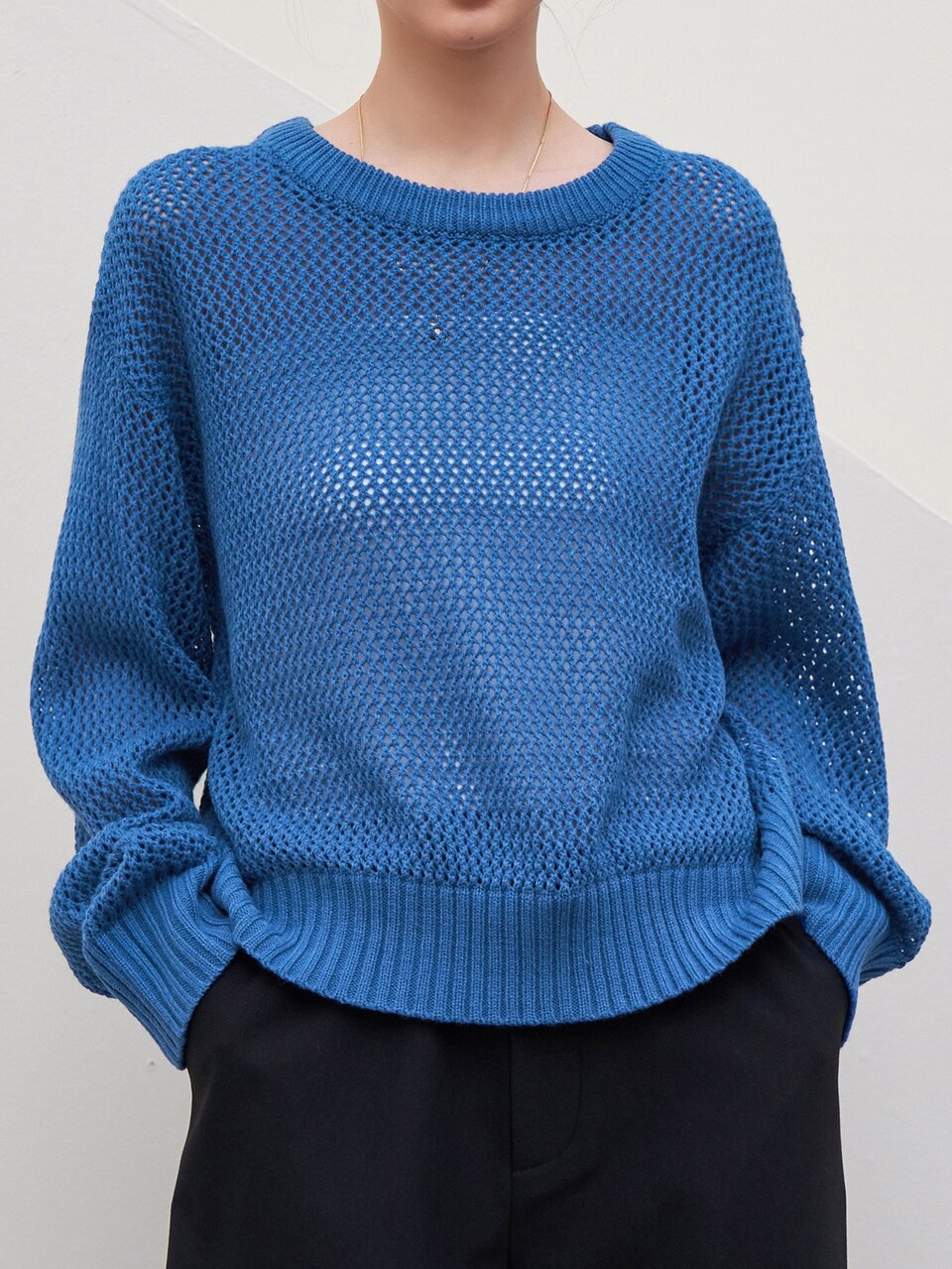 Solid Drop Shoulder Pointelle Knit Sweater Fall