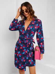 SHEIN LUNE All Over Print Knot Side Wrap Dress - Multicolor - View 3