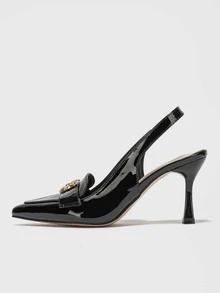Snakeskin Embossed Metal Decor Point Toe Pyramid Heeled Slingback Pumps - Black - View 7