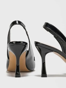 Snakeskin Embossed Metal Decor Point Toe Pyramid Heeled Slingback Pumps - Black - View 8