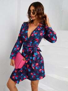 SHEIN LUNE All Over Print Knot Side Wrap Dress - Multicolor - View 6