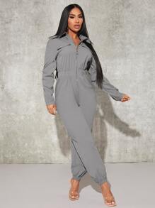 SHEIN SXY 翻蓋口袋彈性腰帶襯衫連體褲 - 灰色 - 查看 4