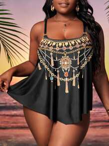 Plus Size Necklace Print Swim Dress Summer Beach - Black - View 3