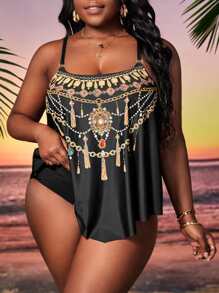 Plus Size Necklace Print Swim Dress Summer Beach - Black - View 1