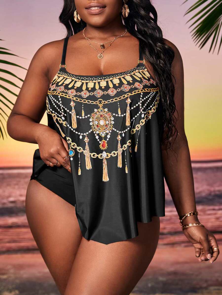 Plus Size Necklace Print Swim Dress Summer Beach - Black - View 1