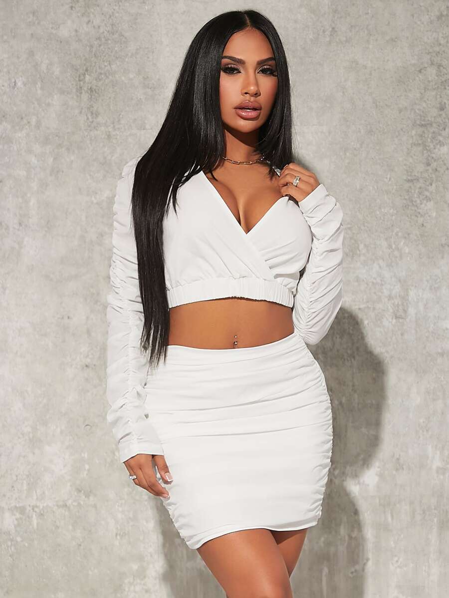 SHEIN SXY Surplice Neck Crop Top & Ruched Bodycon Skirt - White - View 1